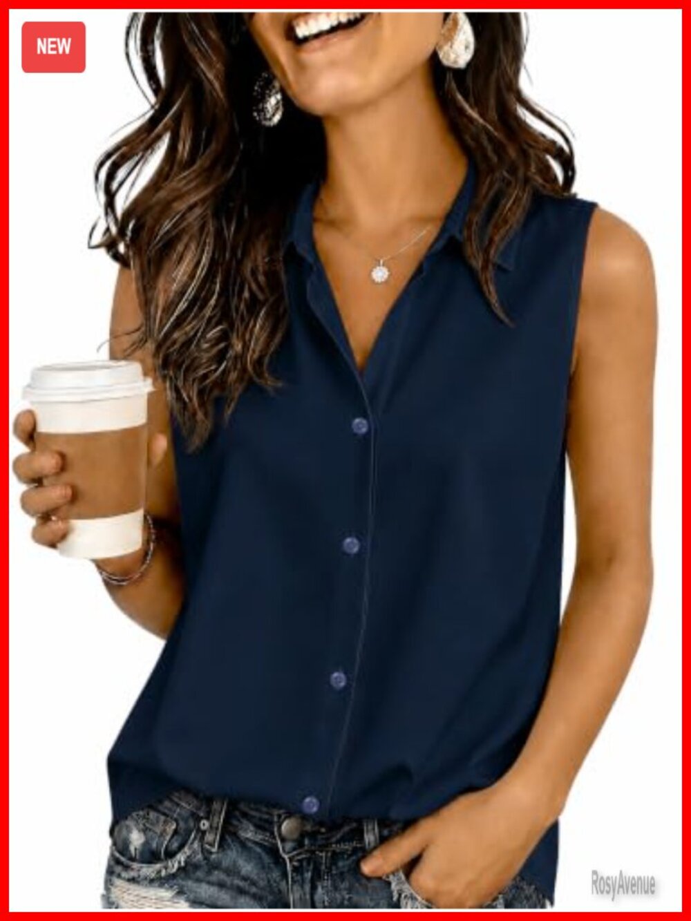 Wrinkle Free Sleeveless Button Down Blouse V-Neck Business Top